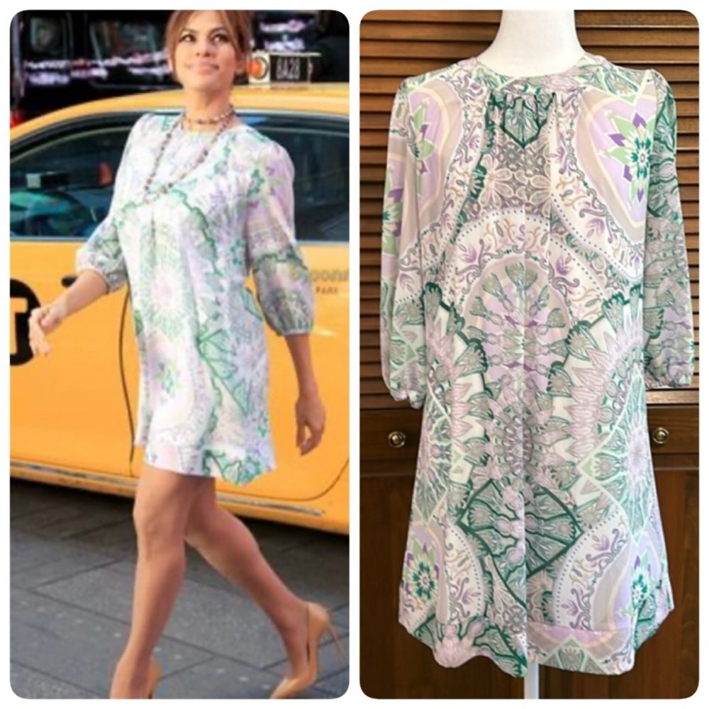 Eva Mendes Loose Fit Medallion Paisley 3/4 Sleeve Green/Purple Dress Size XS